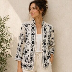 Anu Womens Silk Floral Embroidered Jacket Sz L Lightweight Boho Cottage Artsy